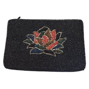 Vintage La Regale Ltd Hand Beaded Floral Clutch Zip Top Silk Lined Evening Bag